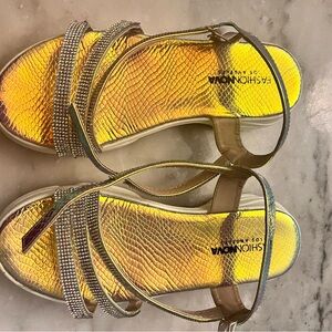 Fashion Nova Metallic Gold Rhinestone Strappy Sandals
